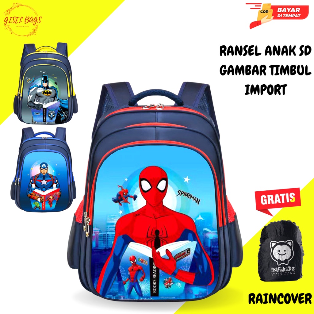 Tas anak laki laki terbaru sekolah sd import gambar timbul karakter superhero waterproof