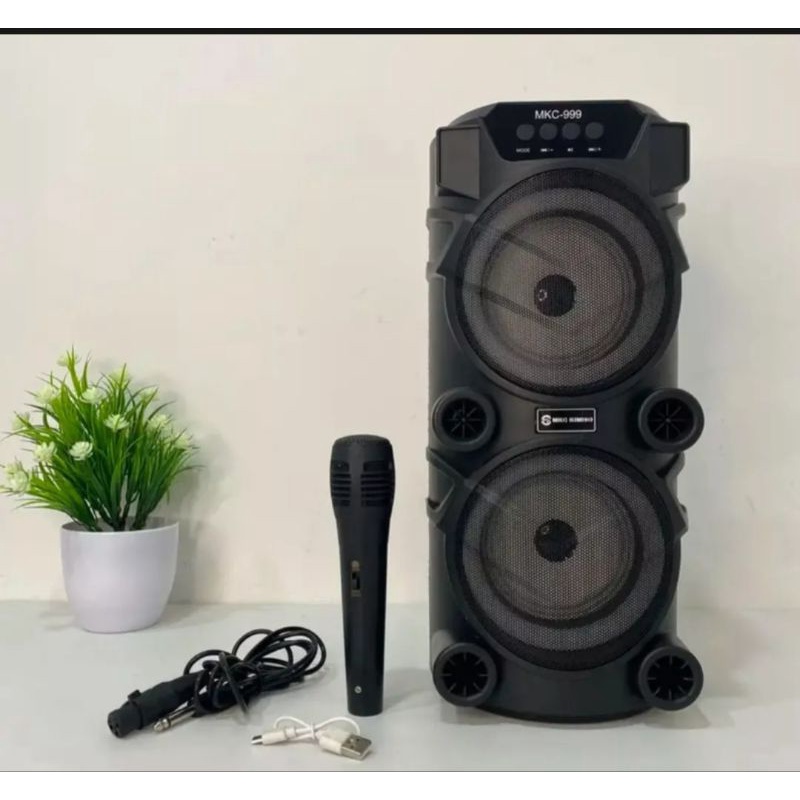 Speaker Bluetooth SQ999 Bonus Mic karaoke Dual Speaker 6,5Inchi X2 Salon Aktif Portable Radio FM wireless Super Bass Lampu Disco Aux memory Card Usb