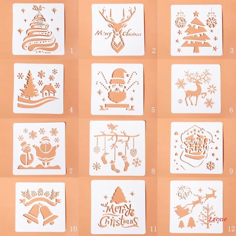 12pcs / Set Cetakan Stensil Motif Natal Reusable Untuk DIY Menggambar / Melukis