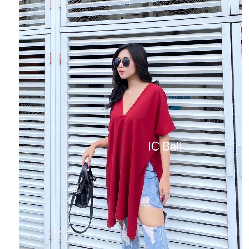 GLOSIR LONG SQUARE V NECK TOP ATASAN BLOUSE WANITA AIRFLOW KRINGKLE