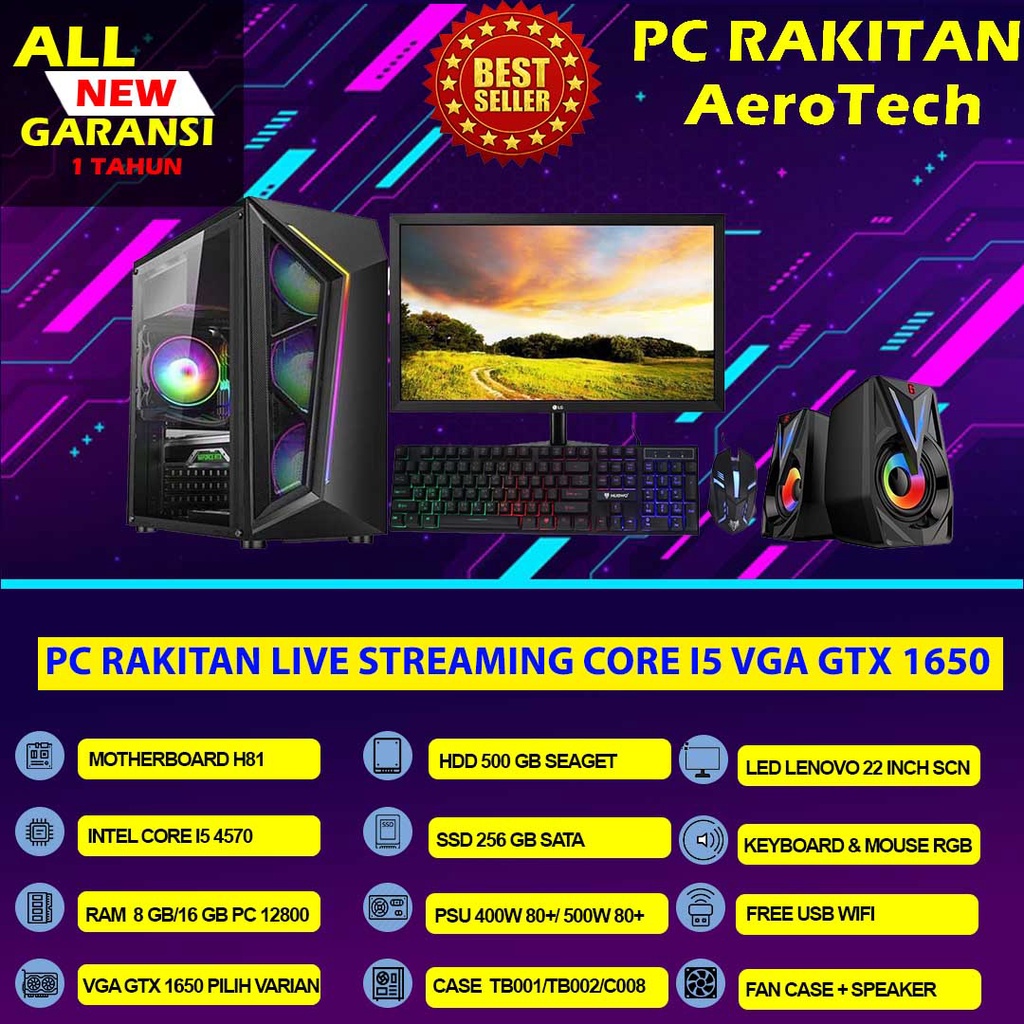 TERMURAH PC RAKITAN INTEL I5 4590|VGA GTX 1650 4 GB|RAM 16 GB|SSD 256 GB|HDD 500GB LENGKAP LED 24 INCH EDITING DESAIN GAME DAN LIVE STREAMING
