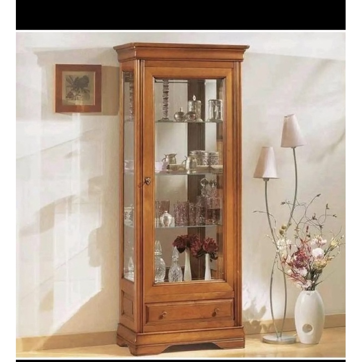 Lemari pojok kaca, lemari kaca, lemari minimalis kayu jati