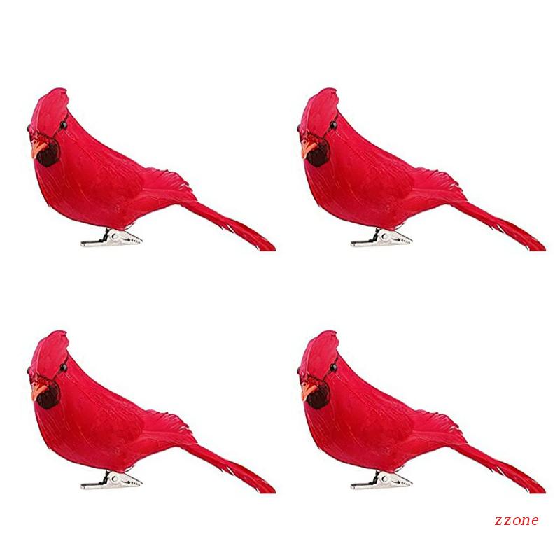 4pcs Klip On Desain Burung Warna Merah Untuk Dekorasi Pohon Natal