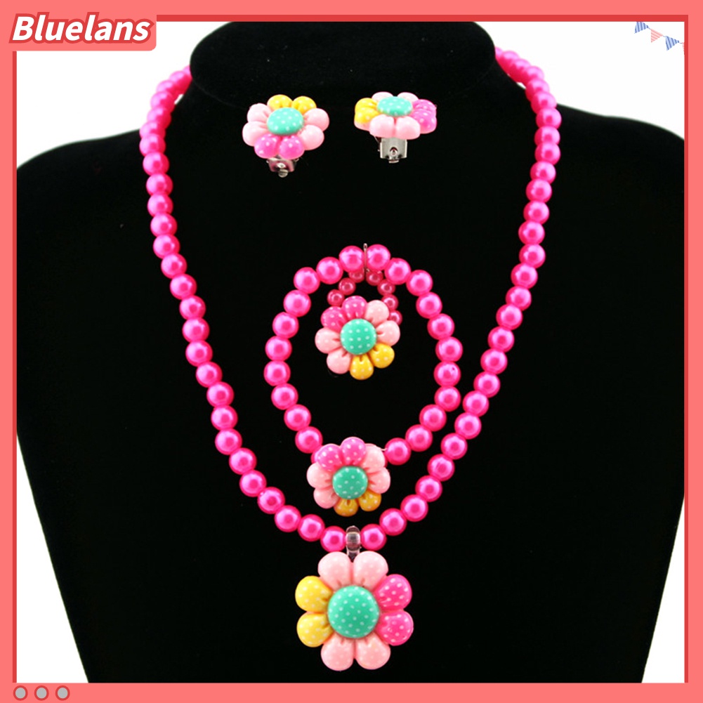 Set Perhiasan Kalung Anting Gelang Cincin Bentuk Bunga Aksen Mutiara Buatan Untuk Anak Perempuan