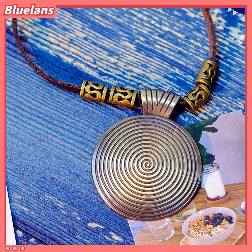 Bluelans Vintage Women Ethnic Faux Leather Spiral Disc Round Pendant Sweater Necklace