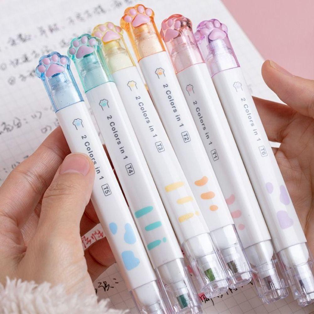 R-flower 6PCS/Set Stabilo Pena Set Kreatif Alat Tulis Sekolah Kantor Menggambar Grafiti Cakar Kucing Kepala Ganda Pena Warna