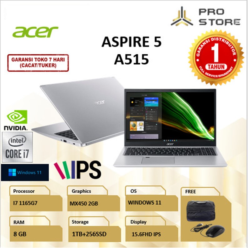 LAPTOP ACER ASPIRE 5 A515 MX450 2GB FHD IPS I7 1165G7 RAM 16GB 512GB SSD W11