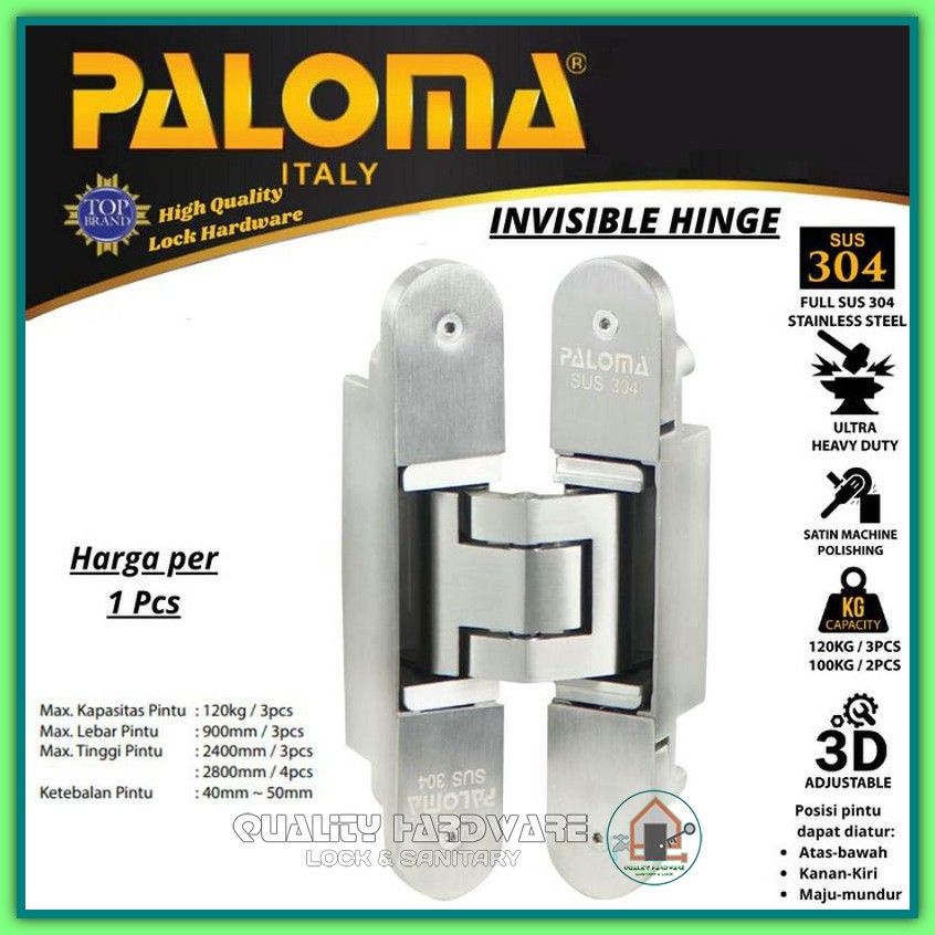 Engsel Pintu Tanam Paloma QHIHP 311 Engsel Pintu Stainless SUS 304 Invisible Hinge Murah Berkualitas