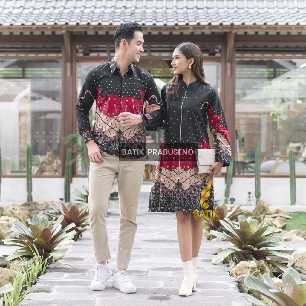 Couple Batik Motif Gavin Hitam Kemeja Slimfit Atasan Pria Wanita Tunik Prabuseno Terbaru LenganPanja