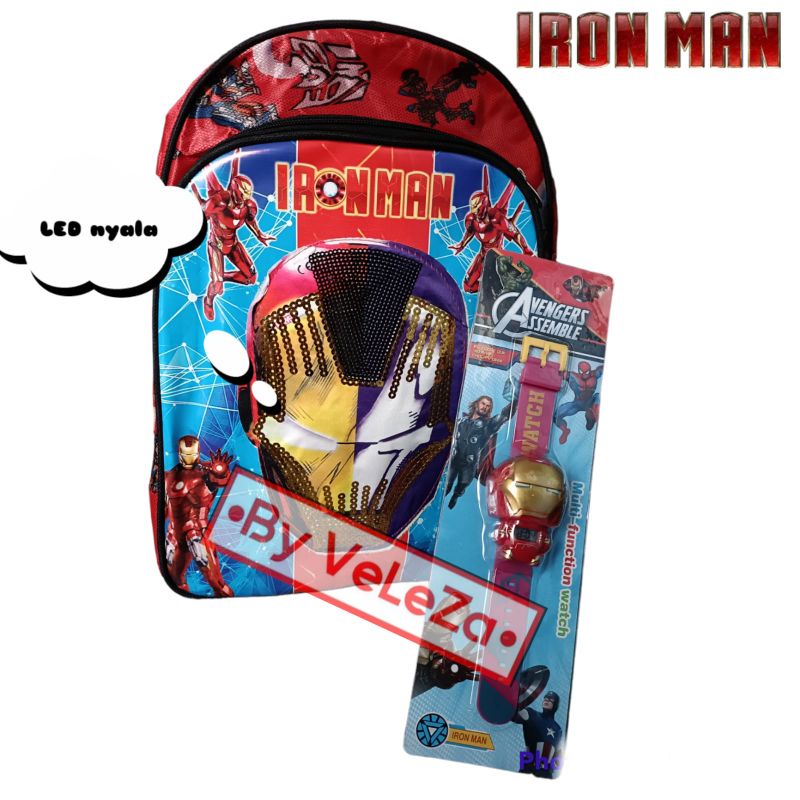Tas ironman Tas ransel anak laki-laki karakter ironman 3in1 - tas + topi + jam - tas anak