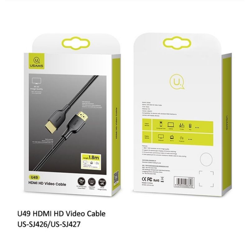 Usams U49 kabel Hdmi to hdmi 4k Hd video cable monitor LED computer Ps4 laptop komputer