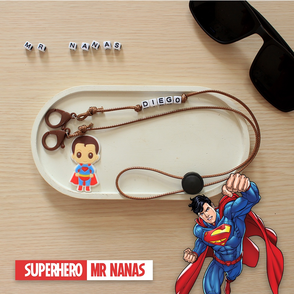 2 in 1 Tali Strap Masker FREE CUSTOM NAMA &amp; BONEKA SUPERHERO Anak-anak Laki-laki/Cowok Kalung Masker Mr Nanas