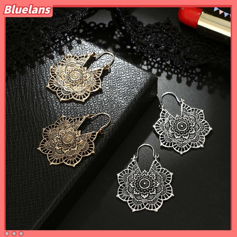 Bluelans Bohemian Women Hollow Flower Honeycomb Filigree Hoop Earrings Retro Jewelry Gift