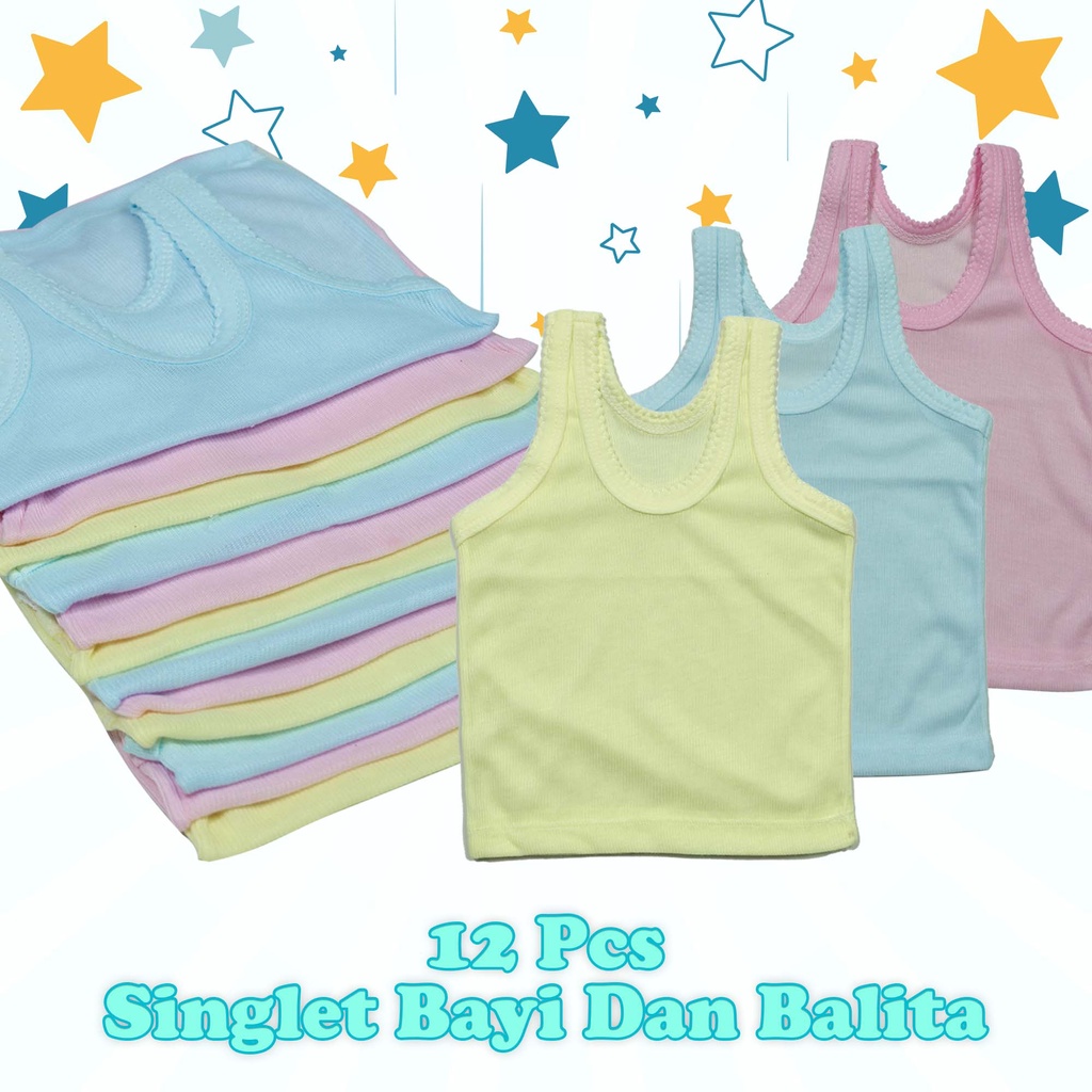 12 Pcs Kaos singlet bayi &amp; balita S, M, L, XL Dan L3 Warna Dan Putih Murah ( 1 Lusin )