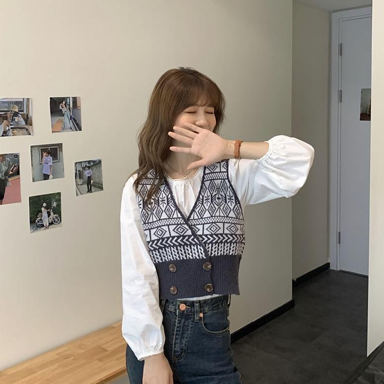 ペ Korea Tanpa lengan longgar v-neck Rompi Keausan luar sweater rajutan rompi Wanita ↤