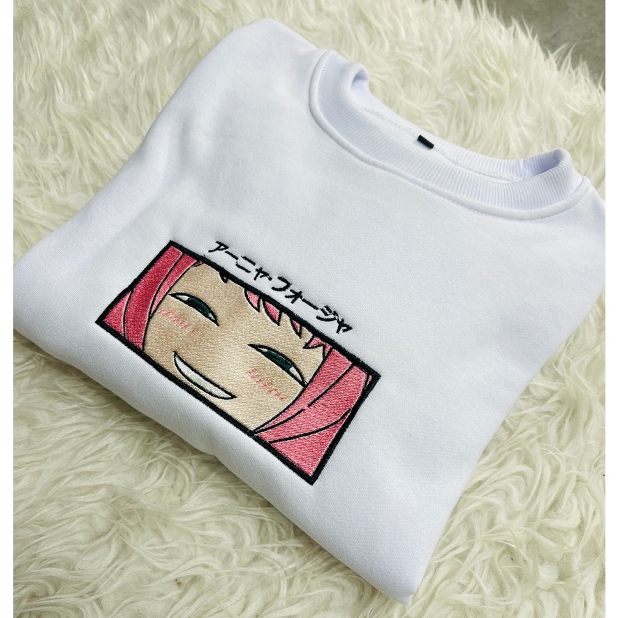 Crewneck Anya Smirk Embroidery White Anime Manga Spy X Family Premium Unisex