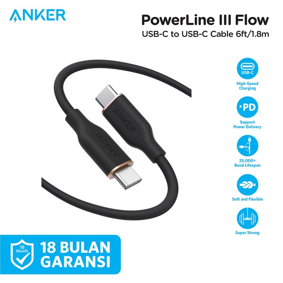 Kabel Charger Anker PowerLine III Flow USB-C to USB-C 6ft A8553