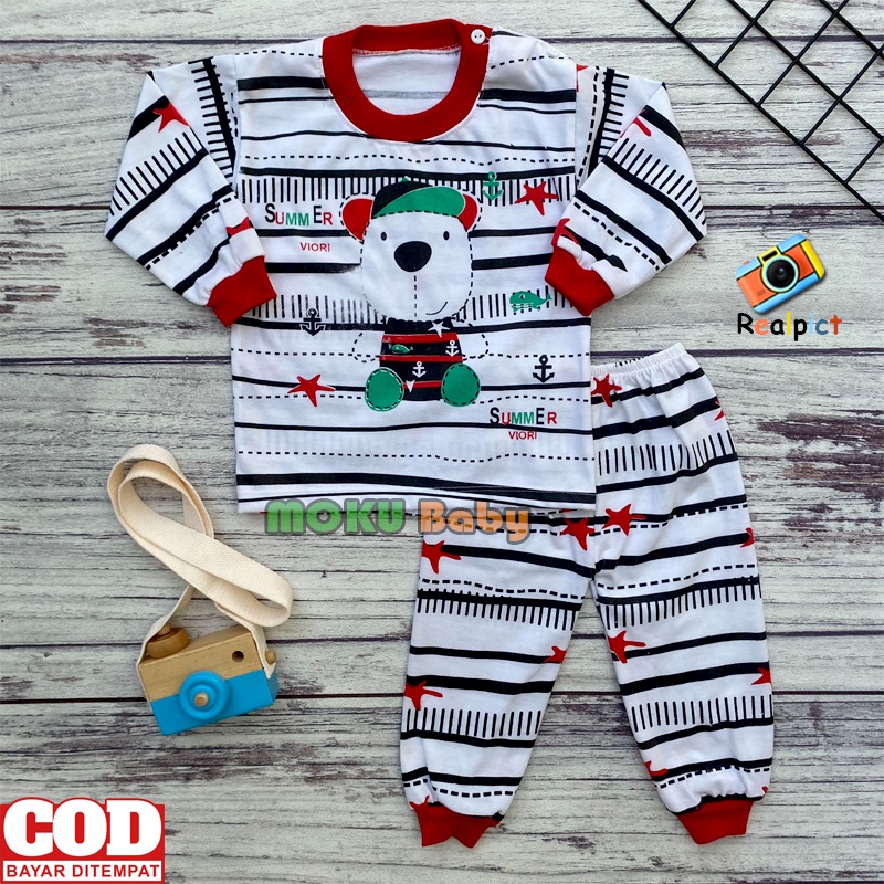 Setelan Baju Bayi Setelan Piyama Bayi Lengan Panjang Kancing Bahu Usia 3-12 Bulan Anababy