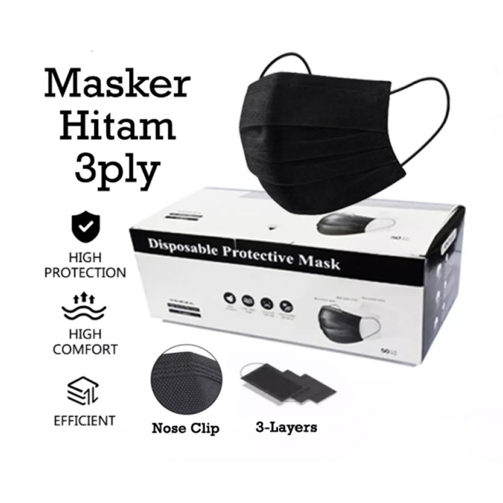 (COD) Masker Hitam Masker Earloop Dispossable Mask ISI 50PCS Masker 3ply Isi 50pcs / Masker Mulut Hitam/biru 3 Lapis / Masker Wajah Hitam/biru Earloop / Masker Kesehatan Warna Hitam/biru / Disposable Face Mask Black Earloop