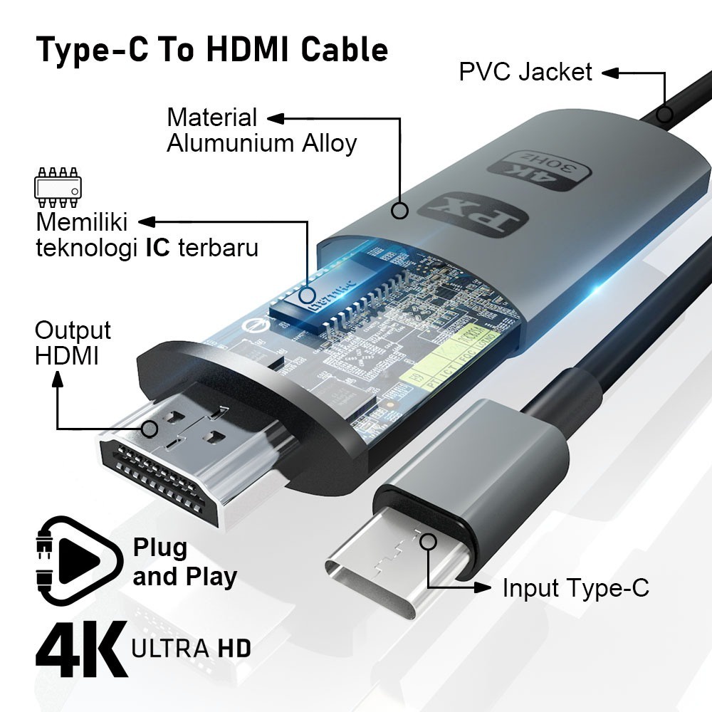 KABEL MHL MIRACAST ANDROID TV TELEVISI USB C 3.1 HDMI 4K 2M PX MHA-20C