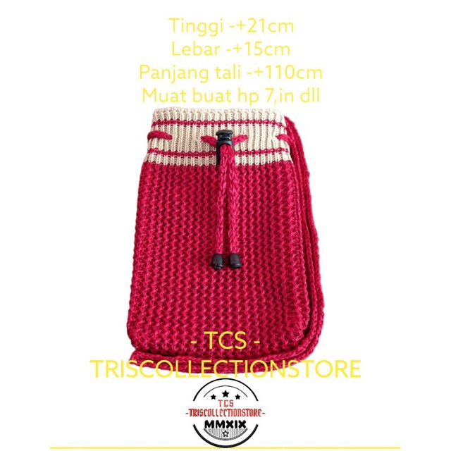 Promo tas rajut selempang wanita model serut buat hp dll, kekinian, viral, merah/marun, (serut strip