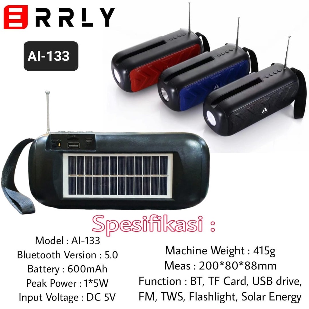 Speaker Bluetooth ERRLY  AI 133 Speaker Solar Recharge Panel Surya Speaker FM Antena Radio Speaker Aktif Senter Flashlight