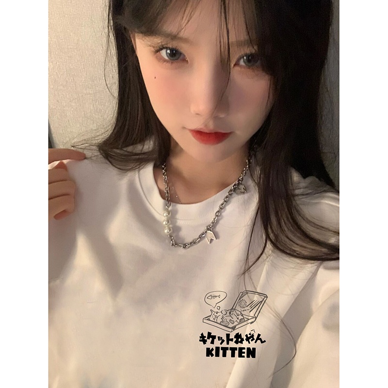 EUNII T-shirt Lengan Pendek Imut Pizza Kucing Pencetakan Longgar Korean Style/Kaos Atasan Wanita/Baju Kaus Oversize Wanita