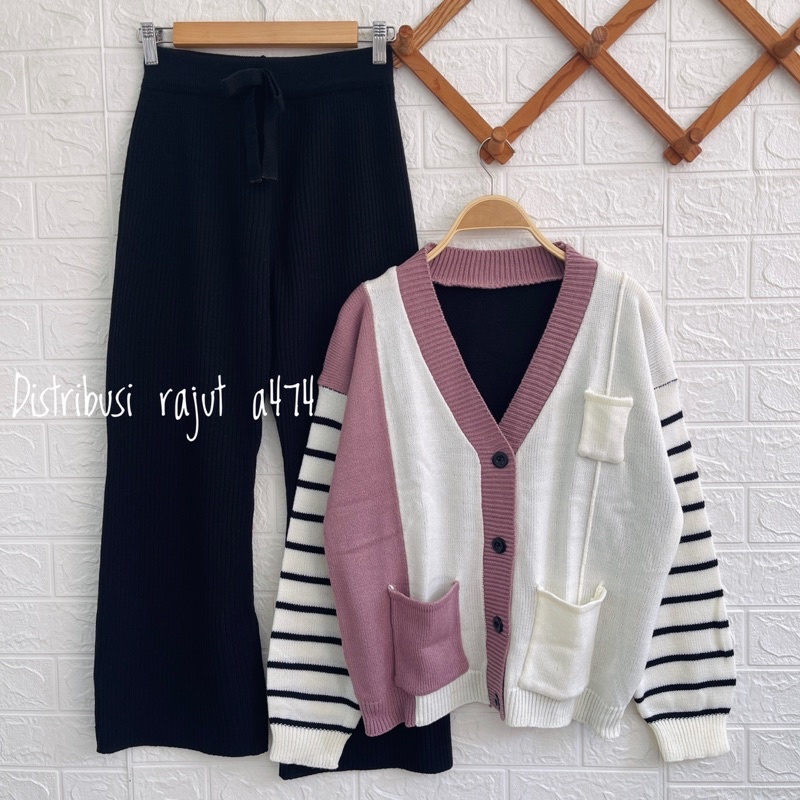 ONESET REGINA CARDIGAN RAJUT MOTIF STIPES SETELAN KULOT WANITA