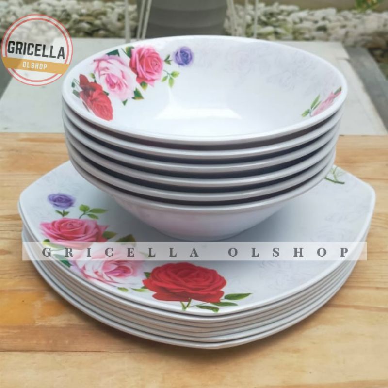 1 SET PERALATAN MAKAN 3 PIRING MELAMIN DAN 3 MANGKUK MELAMIN MOTIF KEMBANG