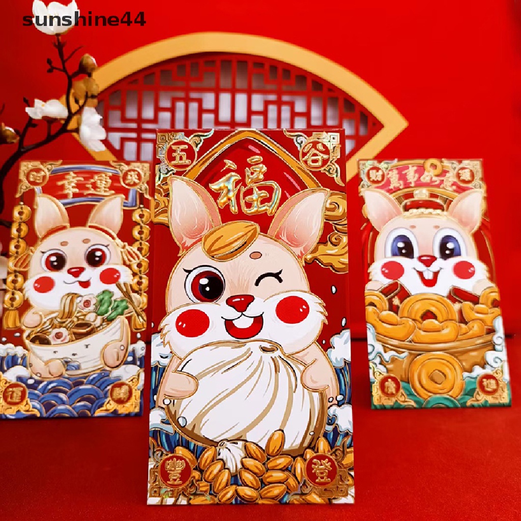 Sunshine 6Pcs 2023 Amplop Angpao Motif Kartun Kelinci Warna Merah Untuk Hadiah Anak / Pernikahan / Ulang Tahun