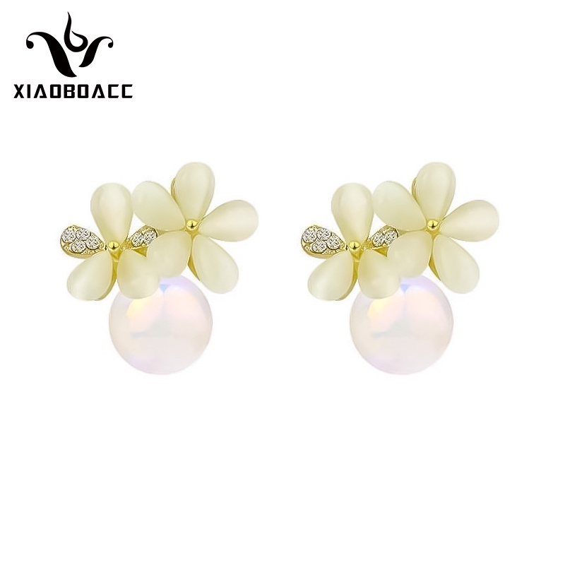 XiaoboACC Anting Tusuk Sterling Silver 925 Desain Bunga Hias Opal + Mutiara Gaya Korea Untuk Wanita