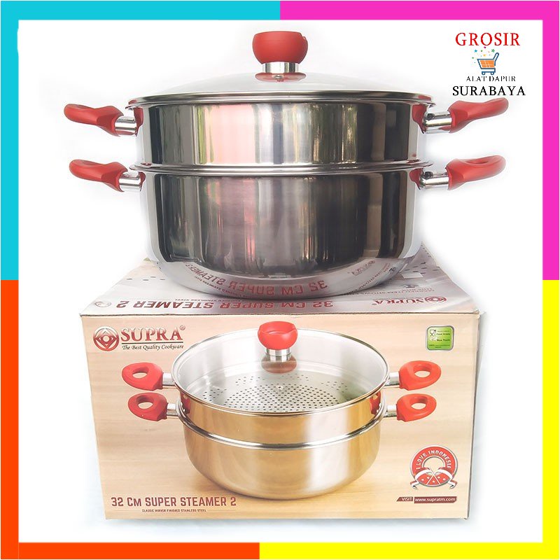 SUPRA SUPER STEAMER 32 CM 2 SUSUN / Panci Supra Super Steamer 32 2susun + Tutup Kaca