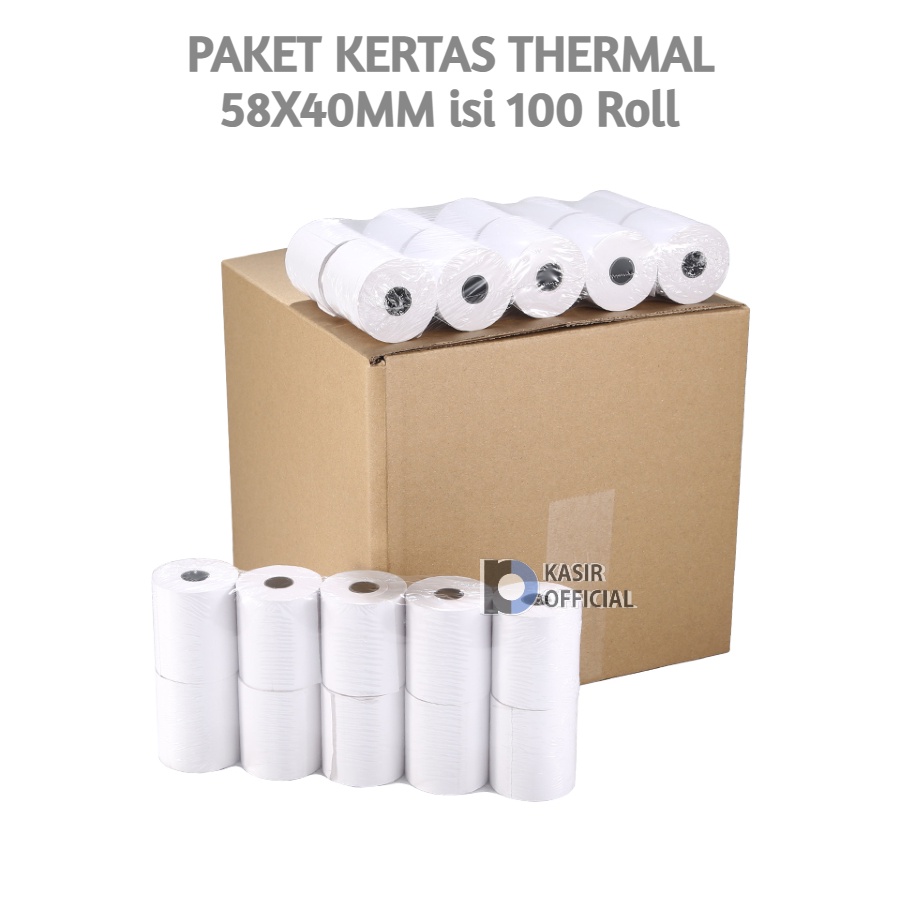 

Paket Kertas Thermal 58x40mm 100Roll / Thermal Paper Receipt Struk Lebar 58mm Diameter 40mm Harga 1 Dus isi 100 Roll