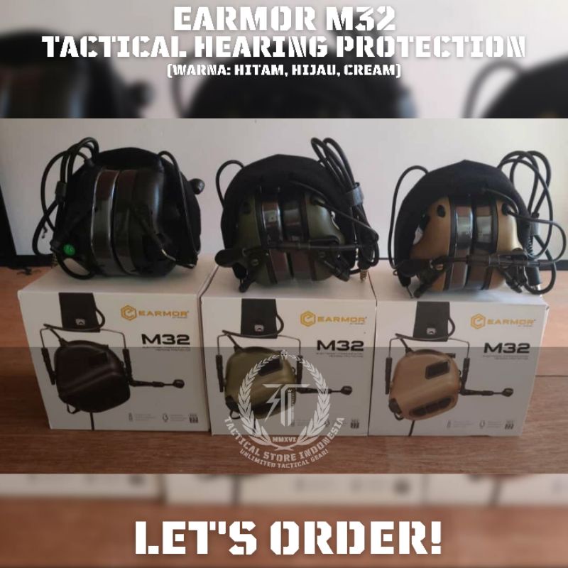 Earmor M32 Tactical Hearing Protection - Headset Headphone Tactical Hitam Hijau Cream