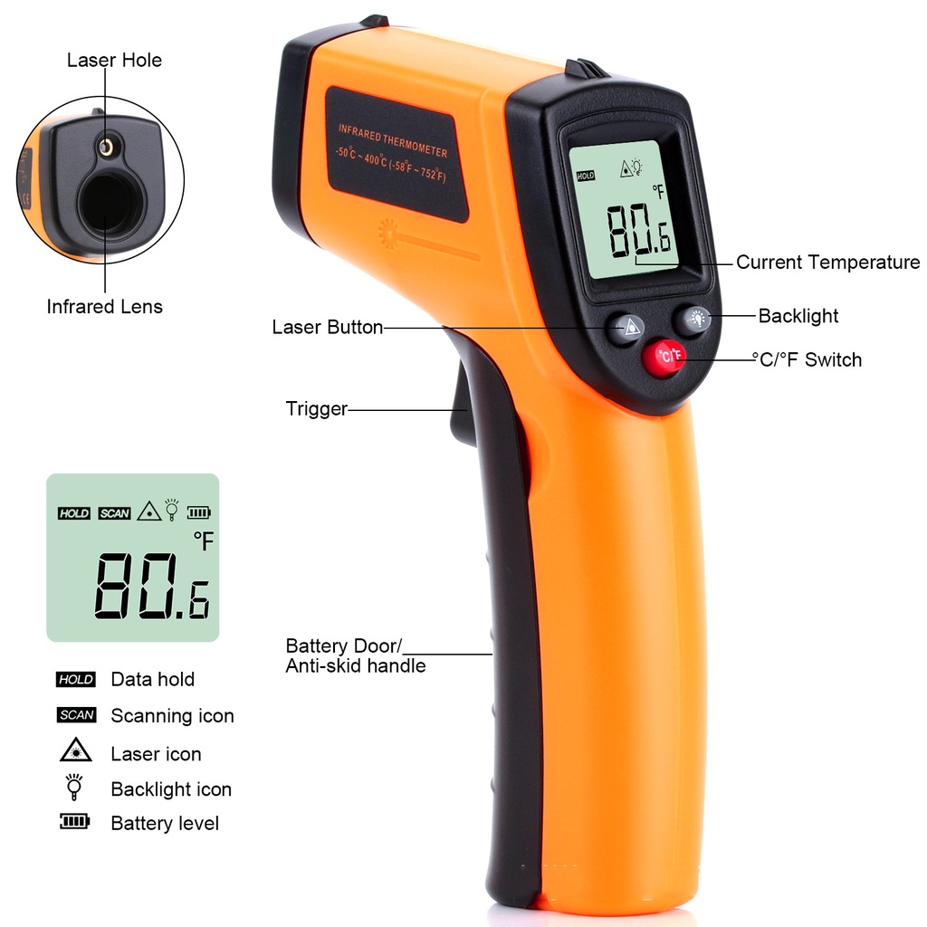 GM320 Thermometer Infrared Digital Termometer Industri IR Infra Red Laser Tembak Thermo Termo Gun