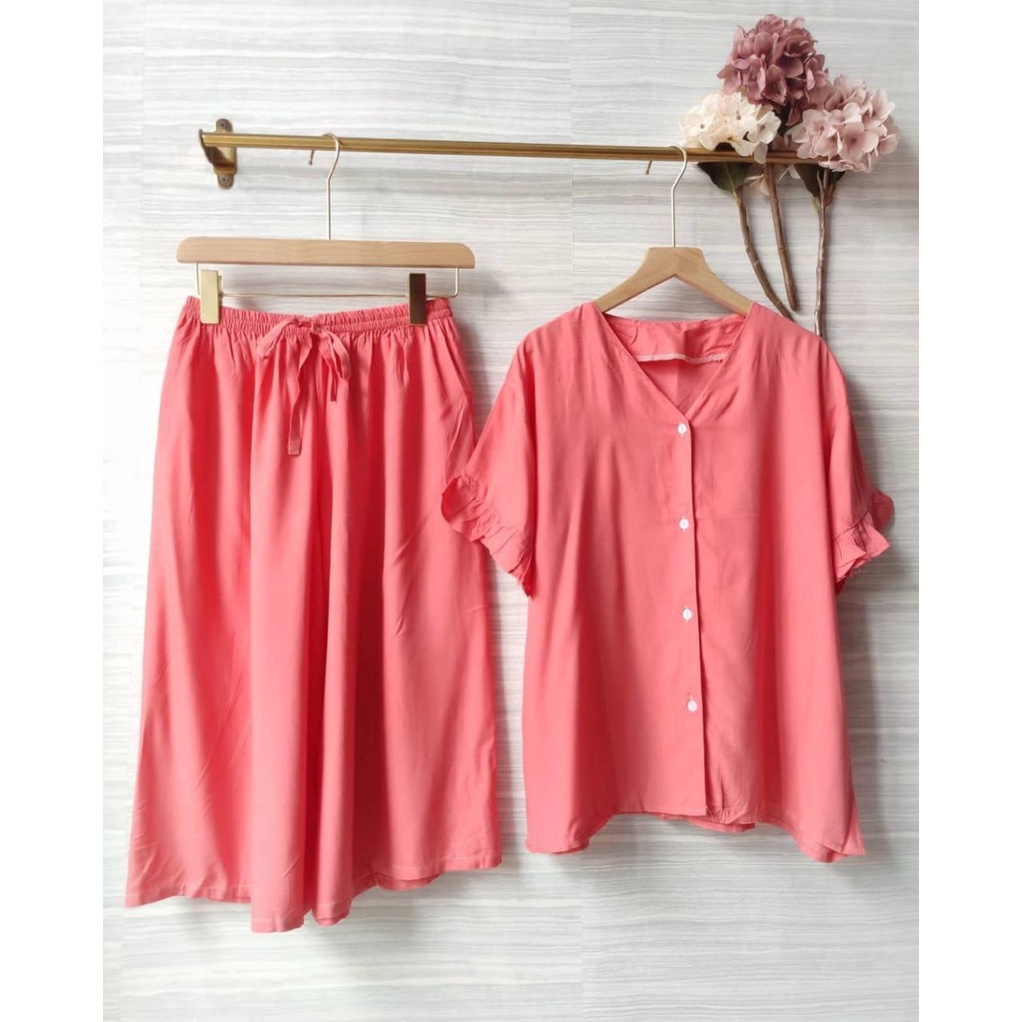 Set Wanita Baju Tidur Piyama Setelan Rayon Polos Oneset Lengan Rempel