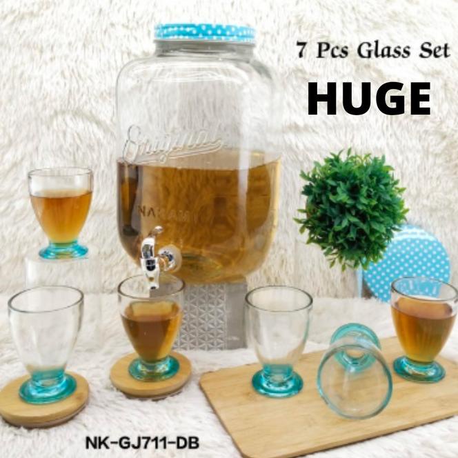 Dispenser Air Minum Kaca + 7Pcs Glass Set Polkadot Biru Gj711-Db