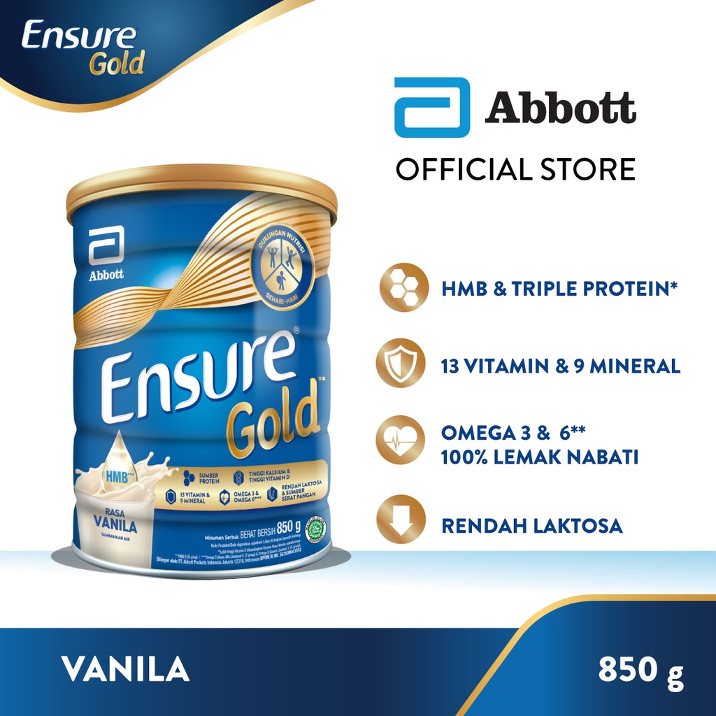 Ensure Gold HMB Vanila 850 g - Nutrisi Dewasa Rendah Laktosa ABBOTT OFFICIAL STORE