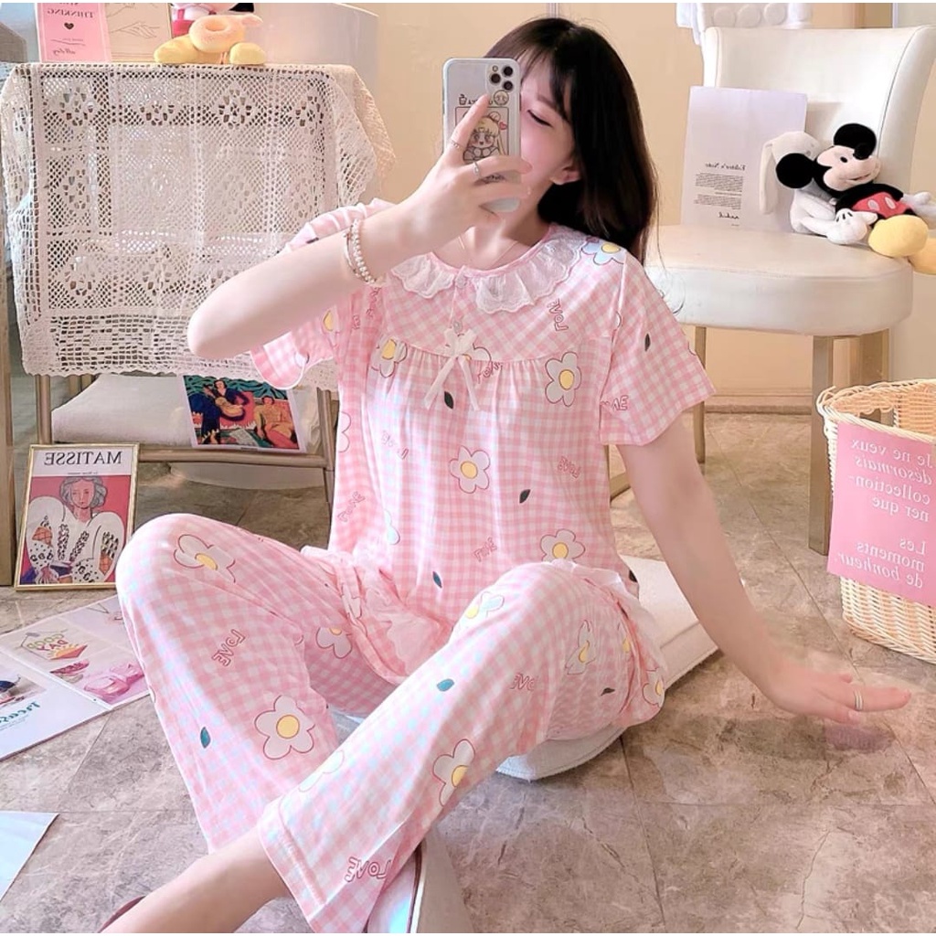 【 Bra Mall 】BM-330 BAJU TIDUR WANITA LENGAN PENDEK CELANA PANJANG PIYAMA IMPORT PAJAMAS