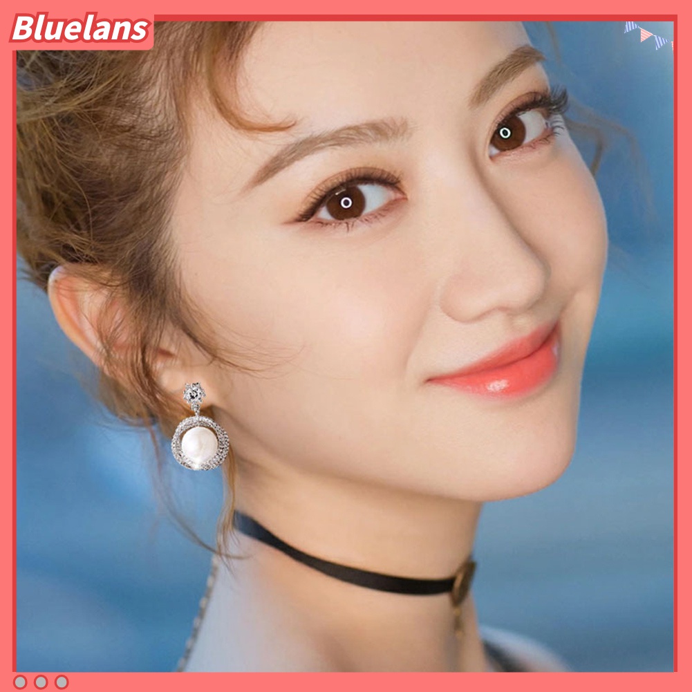 Anting Stud Bentuk Lingkaran Aksen Mutiara Berlian Imitasi Untuk Wanita