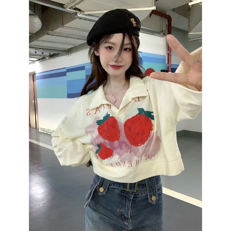 Nico##Strawberry PrintingpoloKerah Lengan Panjang Sweater Longgar Tipis Pendek Top