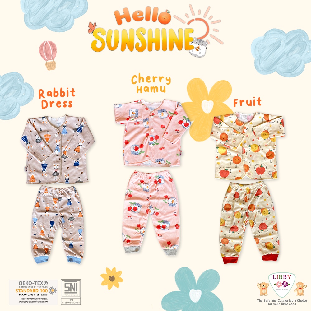 Libby / Miyo Setelan Baju Panjang Celana Newborn Motif 0-3 Dan 3-6 Bulan Piyama Baju Bayi Panjang Libby Baby