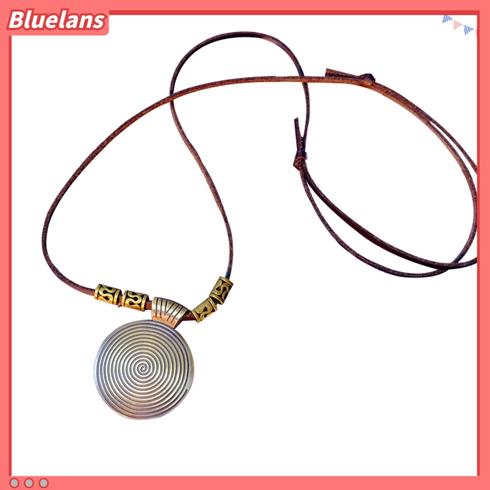 Bluelans Vintage Women Ethnic Faux Leather Spiral Disc Round Pendant Sweater Necklace