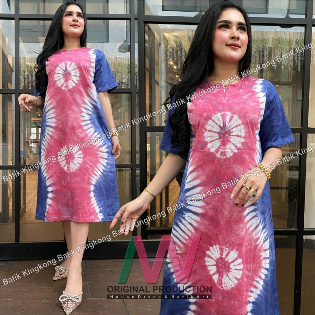 Daster Kaos Busui Abstrak Jumputan Lengan Pendek Resleting Depan Homedress Wanita Kekinian Terbaru