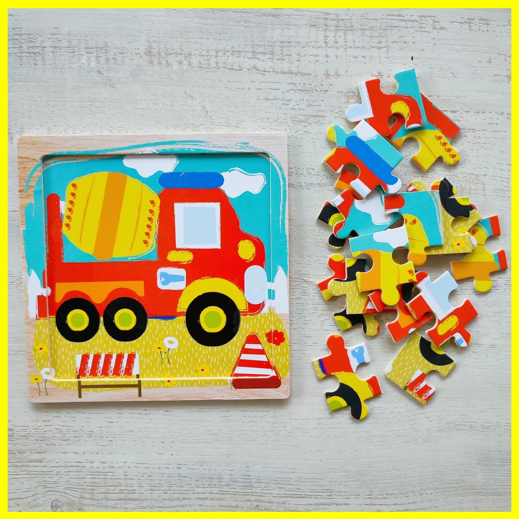 Busyboxes.id Mainan anak edukasi anak 1 2 3 tahun laki laki perempuan mainan edukasi Montessori puzzle jigsaw 3d kayu alat berat konstruksi  seri -  mobil molen