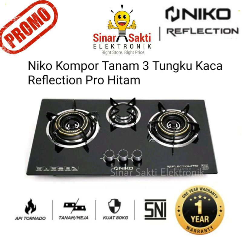 Niko Kompor Tanam Gas 3 Tungku Kaca Hitam Reflection Pro Panthom Black