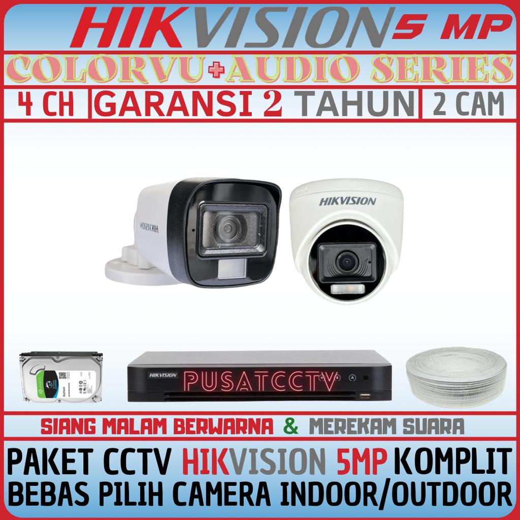 PAKET CCTV HIKVISION 5MP 4 CHANNEL 2 CAMERA TURBO HD KOMPLIT SIANG MALAM BERWARNA DAN REKAM SUARA