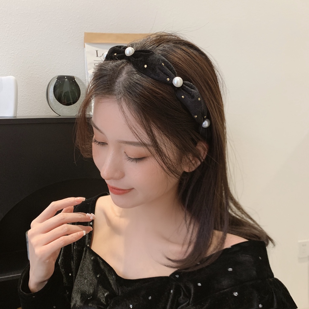 BANDO KAIN MOTIF POLKA DOT MUTIARA ELEGAN KOREAN STYLE BANDANA KOREA HITAM POLOS BEADED HEADBAND PEARL PESTA HIGH-END BENDO PESTA FORMAL