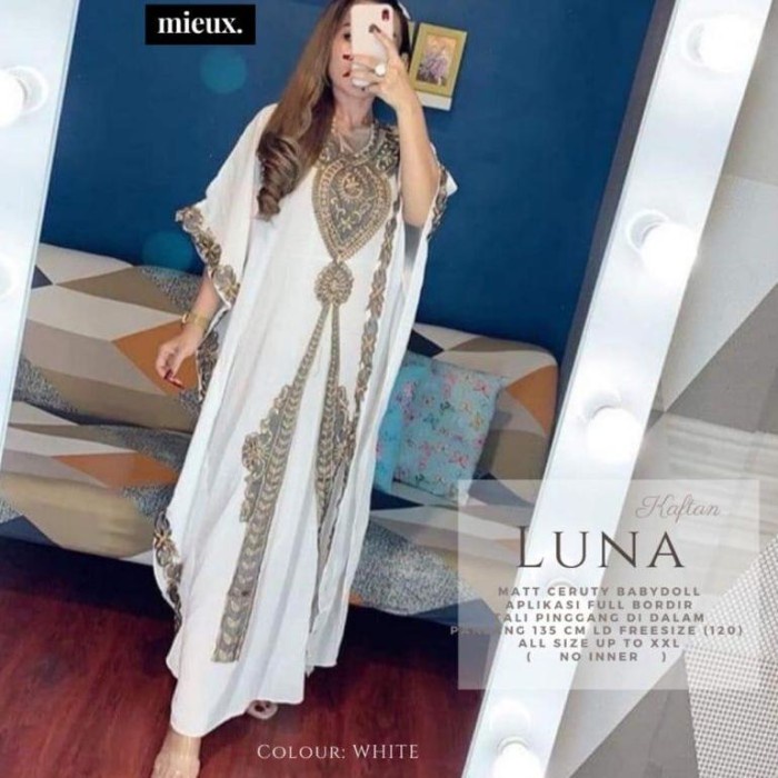 Gamis Jumbo Murah Agatha Kaftan Kaftan Bordir Original Mieux Isyana Mieux Kaftan - Luna white Terbar