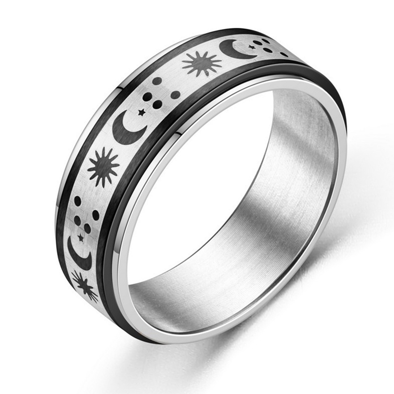 Fancyqube Cincin Titanium Steel Desain Matahari Bulan Bintang Untuk Pria Dan Wanita